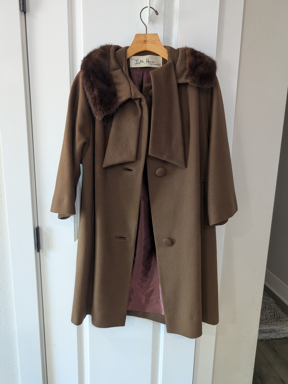 Lilli Ann Brown Wool Pea Coat with Fur Collar